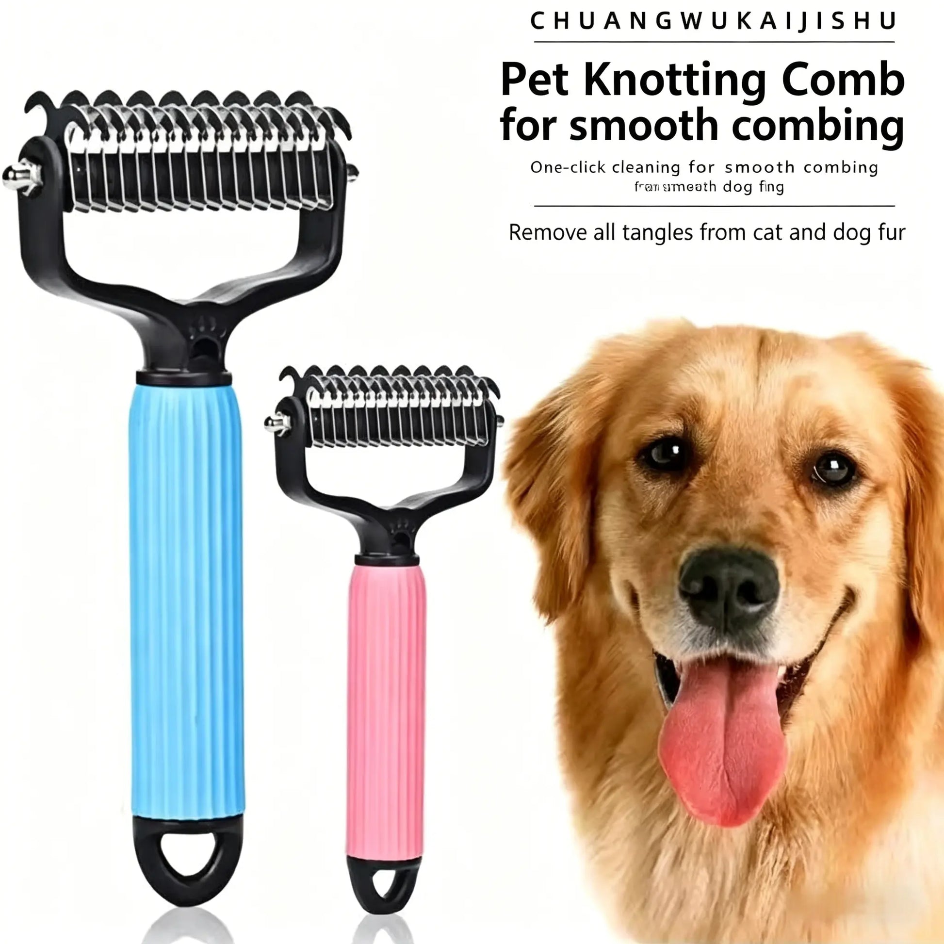 Professional Pet Detangling Comb and Double-Sided Grooming Brush for Dogs and Cats with One-Click Clean Undercoat Rake for Shedding Mats