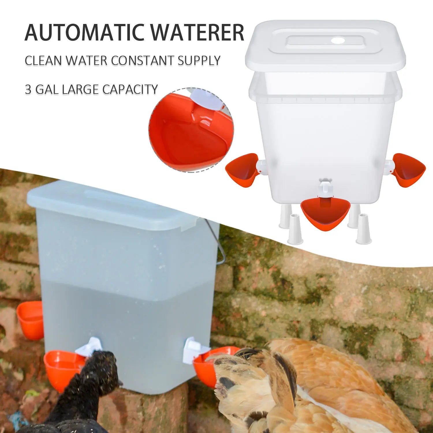 Automatic Chicken Waterer with Float Valve - 3 Gallon Poultry Water Dispenser for Chicken Coop, No Spill Design for Hens, Ducks, Quails