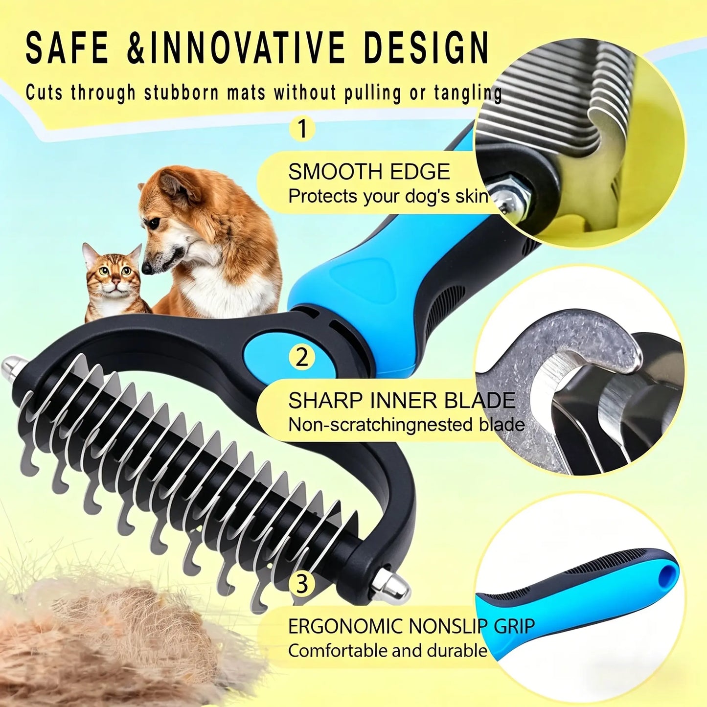 Professional Pet Detangling Comb and Double-Sided Grooming Brush for Dogs and Cats with One-Click Clean Undercoat Rake for Shedding Mats
